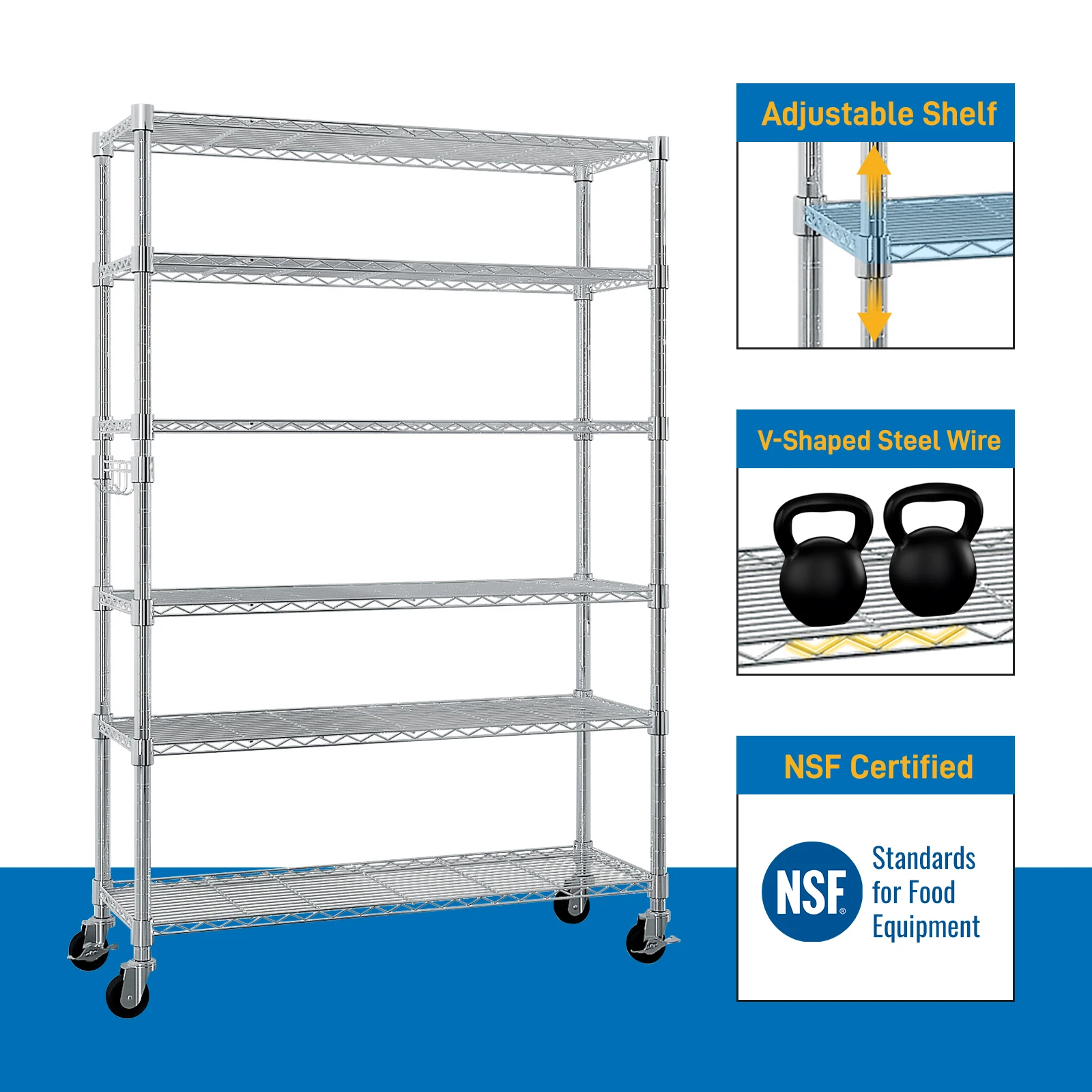 6-Tier disassembly and free assembly NSF-Certified Steel Wire Shelving with Wheels 6