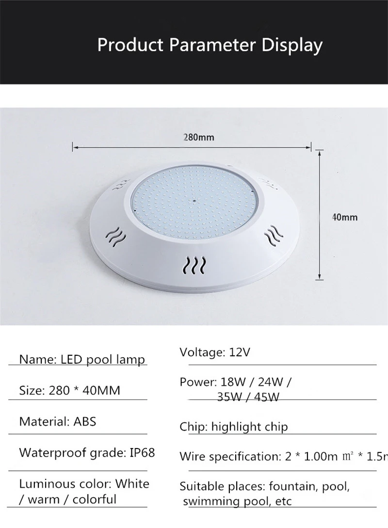 Description Picture 5 of itemResin Glue-filled Swimming Pool Lights Led Underwater Light IP68 AC12V RGB Color Changing Pool Lamps Super Bright LED Spotlight