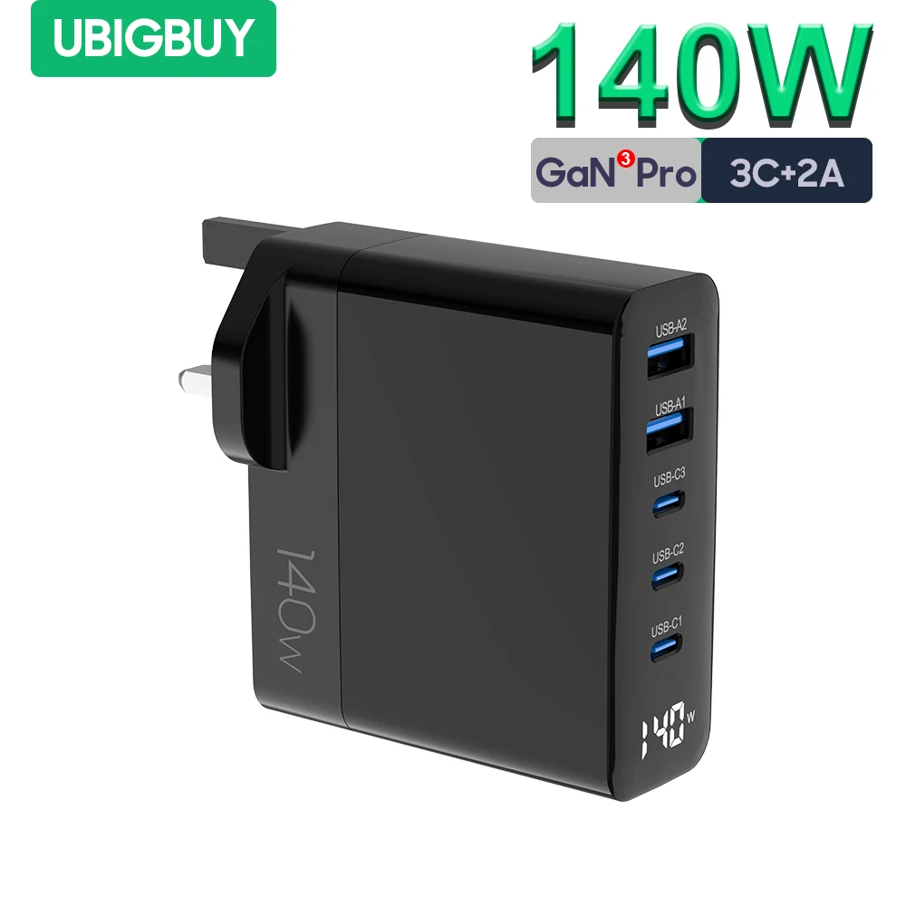 Ubigbuy GaN 140W USB C PD Charger, LED Display 5-Port PD100W PPS45W QC60W Fast Charging for MacBook Pro/Air iPhone 13 Galaxy S22