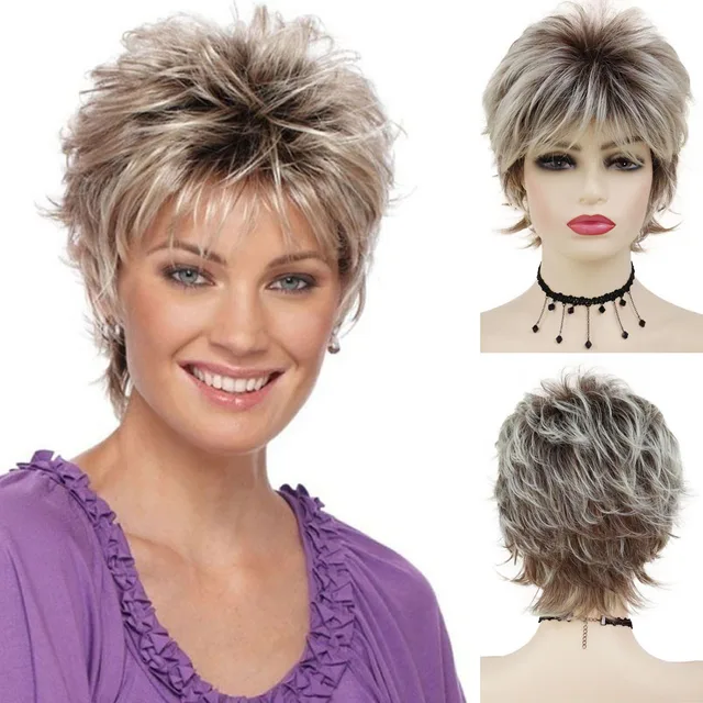 GNIMEGIL Synthetic Wig for Woman Short Brown Curly Wig with Bangs Fluffy Layered Hairstyle Female Natural Wig Lady Mommy Wig 535