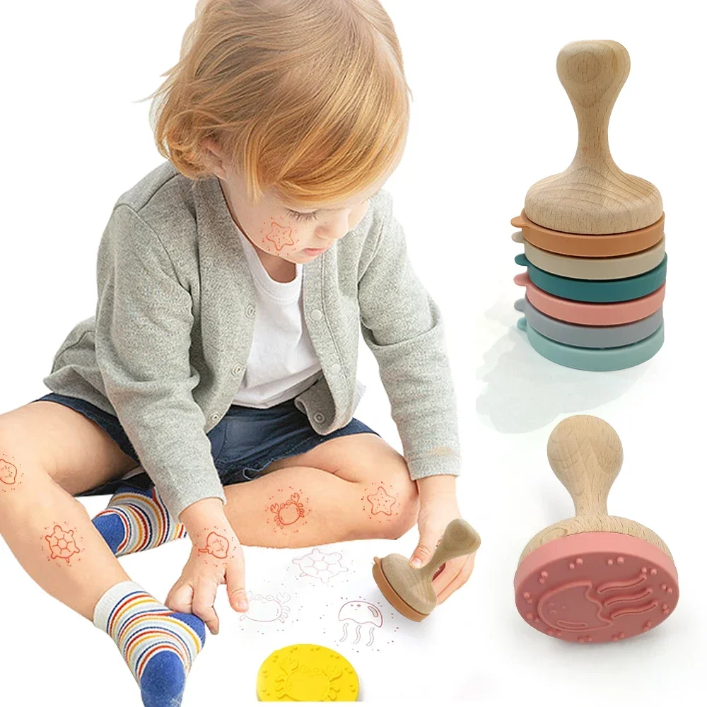 Children's Toy Environmental Cartoon Handle Round Wooden Silicone Stamp For Kids