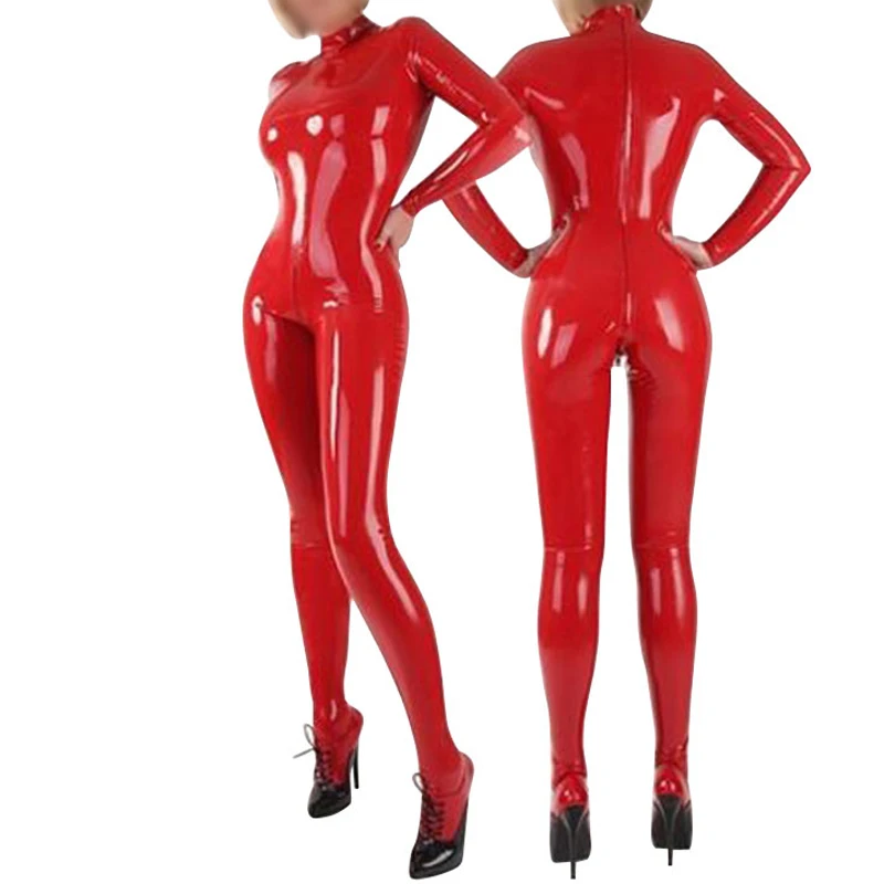 

Sexy Red Gummi Latex Women Man Catsuit Rubber Fetish Full Bodysuit with Back Zip Customize Handmade Clothing RLC004