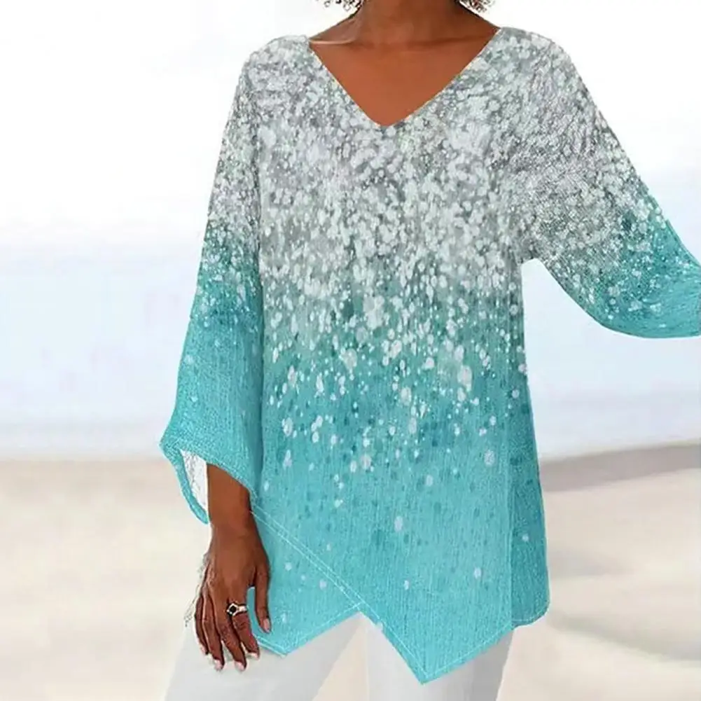 

Irregular Hem Women Top Women Loose Fit Top Flower Print V Neck Pullover for Women Spring Fall Irregular Hem Mid Length Long