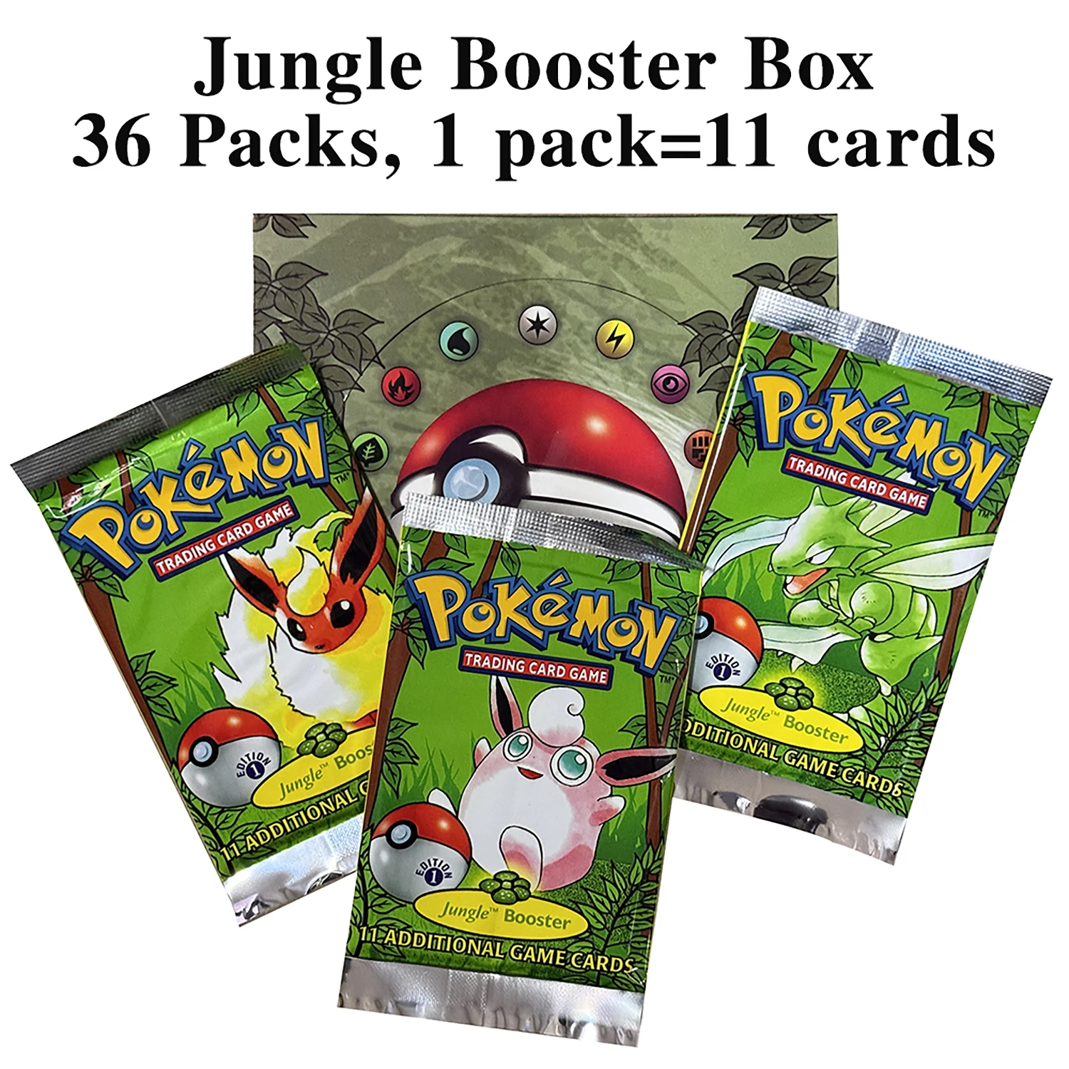 PTCG Jungle Booster Box 1a edición juego completo 36 paquetes Flareon/Scyther/Wigglytuff bolsa 11 unids/pack TCG tarjetas proxy regalos