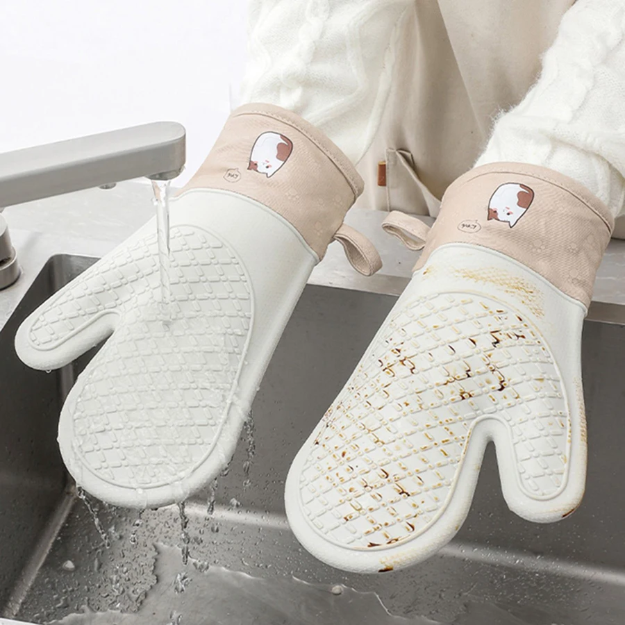 Cat Pattern Silicone Oven Gloves Heat Resistant 300℃ Thickening Anti-scalding Gloves Anti-slip Cooking Barbecue Oven Mitts