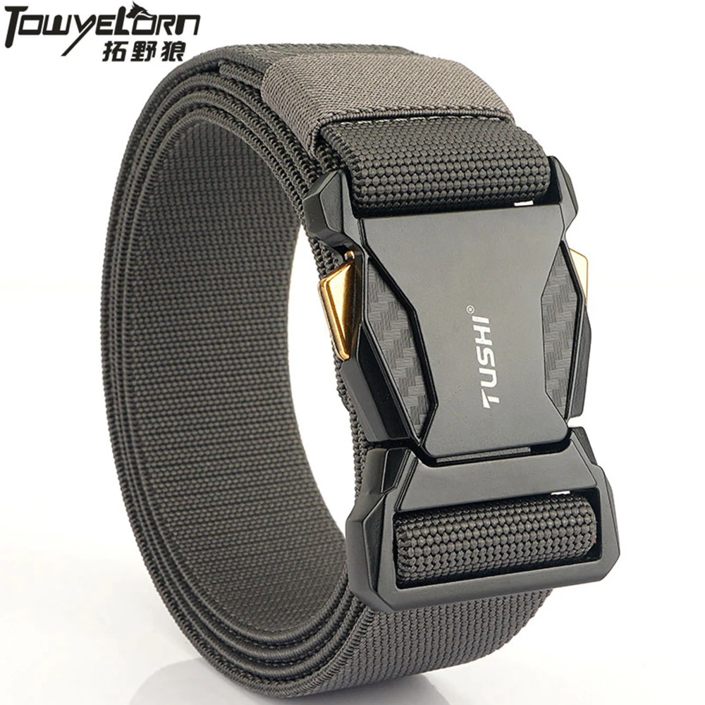 TOWYELORN New Metal Buckle Tactical Belt Men Hard Alloy Quick Release Stretch Belt Free Universal Girdles Male Elastic Waistband towyelorn quick release aluminium alloy pluggable buckle tactical belt elastic military belts for men stretch waistband hunting