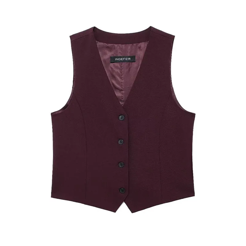 thumbnail image 1 of HH TRAF 2024 Conjunto de mujer vino tinto escote en V sin mangas blusa de un solo pecho + pantalones largos de cintura alta con cremallera trajes de otoño mujer moda, 1 of 5