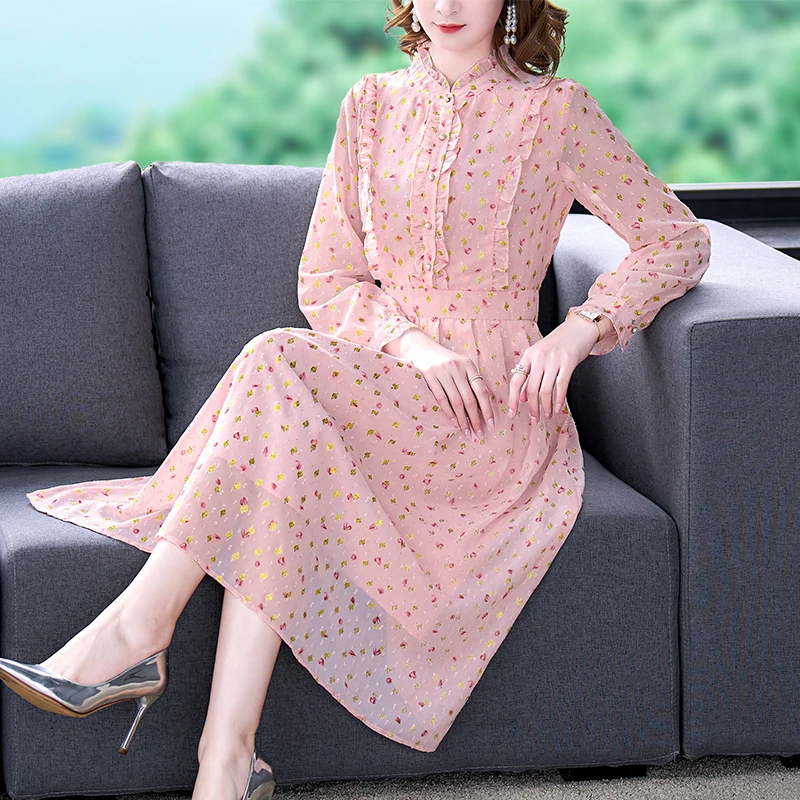 

Spring Autumn Print Chiffon Ruffled Collar Midi Dress Women Fashion Elegant Bodycon Dress 2023 Korean Casual Long Sleeve Vestido