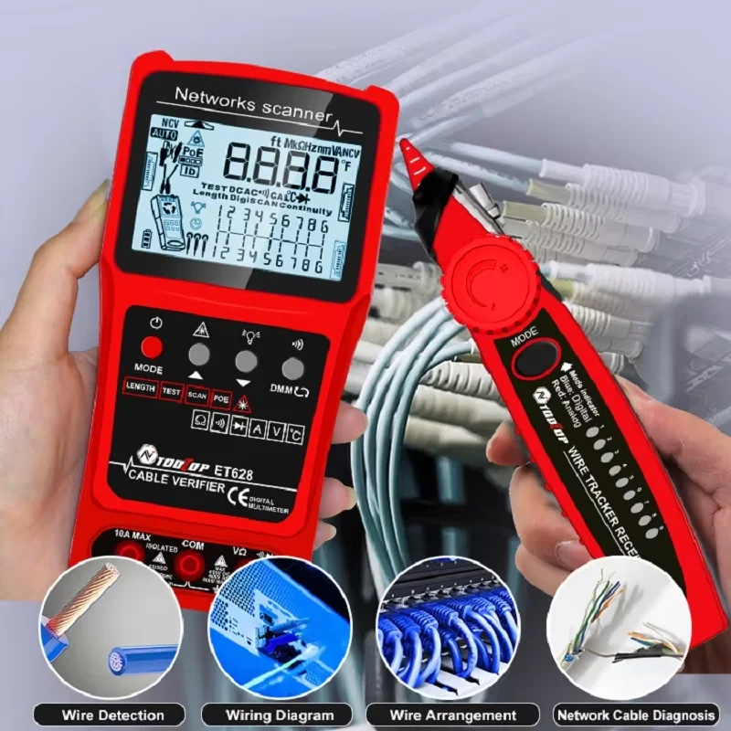 TOOLTOP 3 in 1 LAN Cable Tester Visual Fault Locator Multimeter 600M Length Measure Cable Mapping POE Rj45 Network Tracker