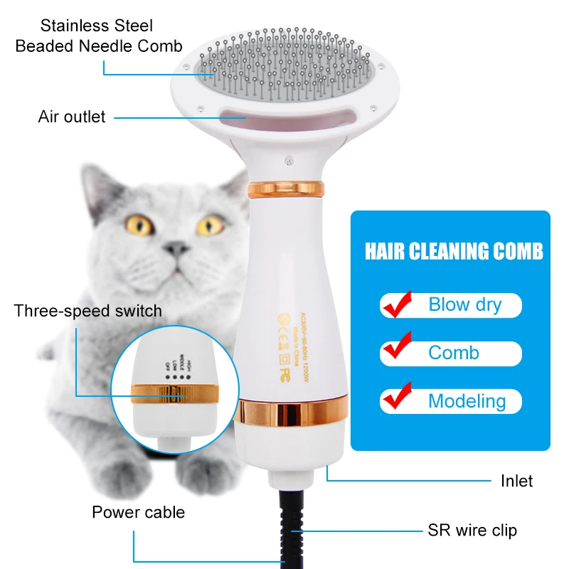 Pet Dog Hair Dryer 2-in-1 Cat Dog Dryer Grooming And Care Adjust Temperature Low Noise Pet Brush For Long and Short Supplies pet hair dryer,hair dryer