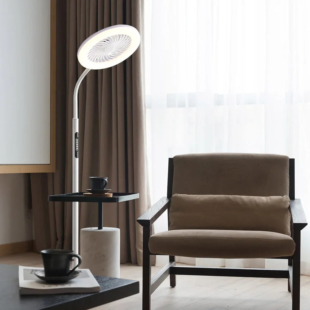 Modern LED Fan Light Floor Standing Full Spectrum Simple White Circular Ring Three Color Light Source For Living Room Bedroom