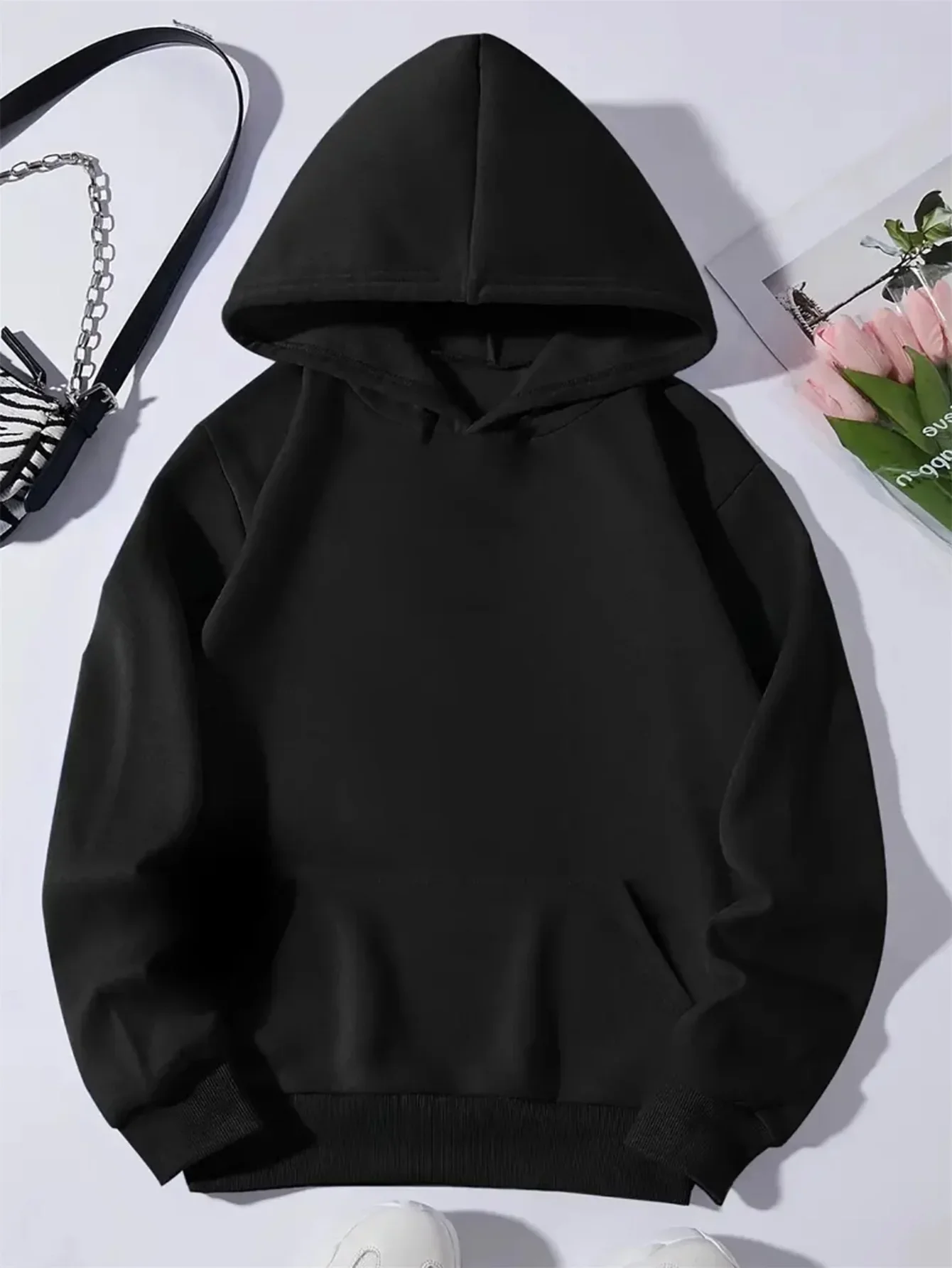 Labubu Cartoon Print Hoodie for Women – Casual Polyester Pullover with Stretch & Alphabet Pattern, Cozy Hooded Sweatshirt 4