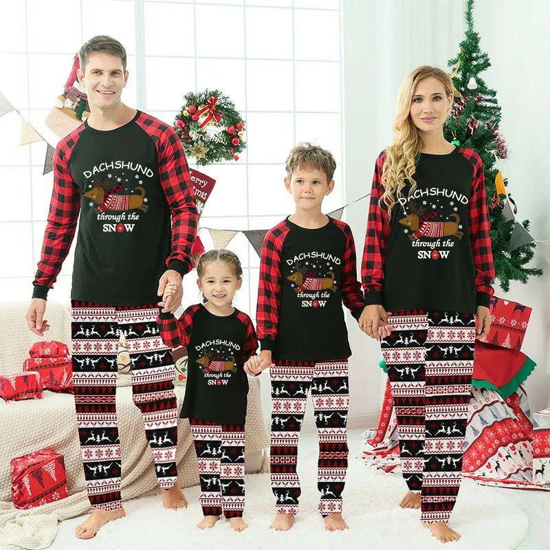 

Christmas Matching Family Pajamas Dachshund Through The Snow Black Reindeer Pajamas Set