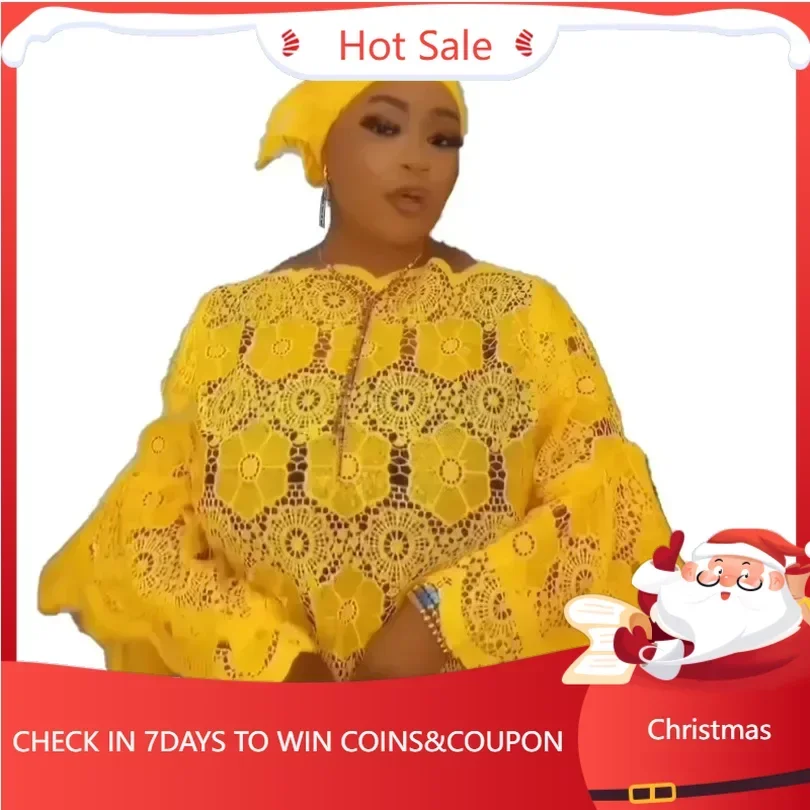 

African Wedding Party Dresses for Women Autumn African Long Sleeve White Yellow Lace Plus Size Long Dress African Gowns Outfits