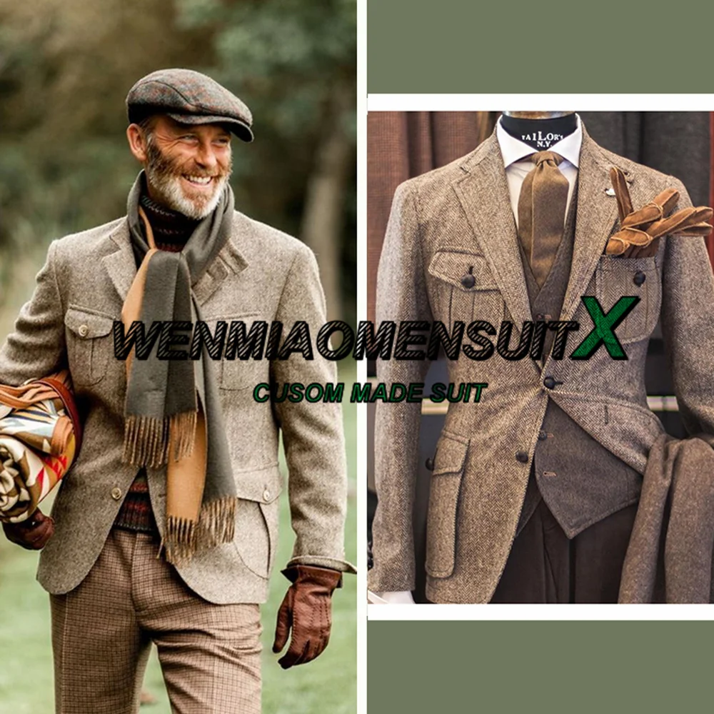 Men Suits Jackets Herringbone Blazer 2 Buttons Winter Warm Fleece Jacket