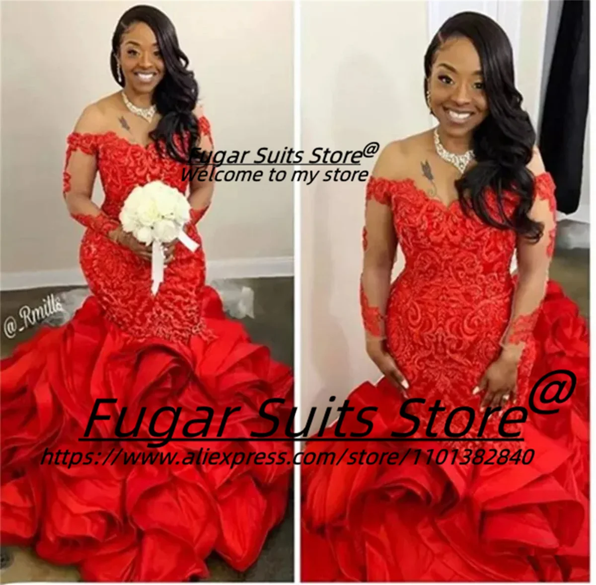 African Style Luxury Red Mermaid Wedding Dresses Long Sleeve Ruffles Lace Beaded Bridal Gowns robe de marier sirene wedding dresses