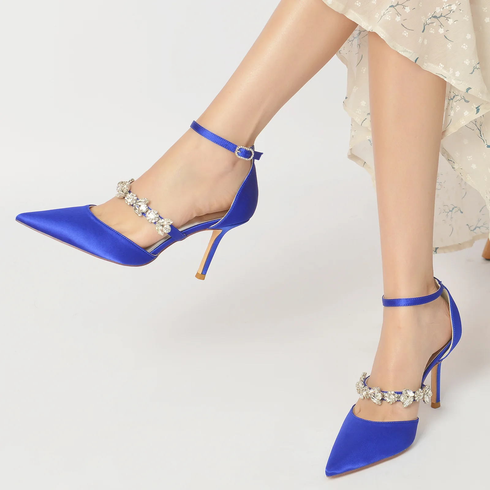 

Summer Women Heels Sandals Rhinestone Silk 12CM Thin Heels Buckle Strap Cover Heel One Character Strip Party Women's Shoes Blue