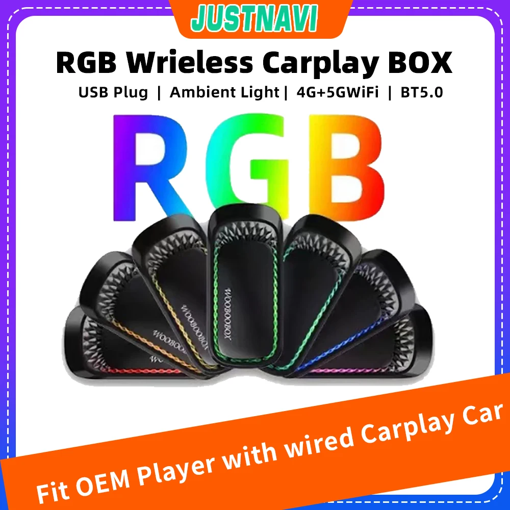 JUSTNAVI RGB 컬러풀 카플레이 무선 어댑터, 스마트 AI 박스, OEM 유선 카플레이, USB 동글, 미니 카플레이