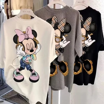 Disney New Minnie Kawaii Divertimento T-shirt stampata da donna Moda Estate Cartoon Minnie Top Y2K T-shirt in cotone extra large da donna 1