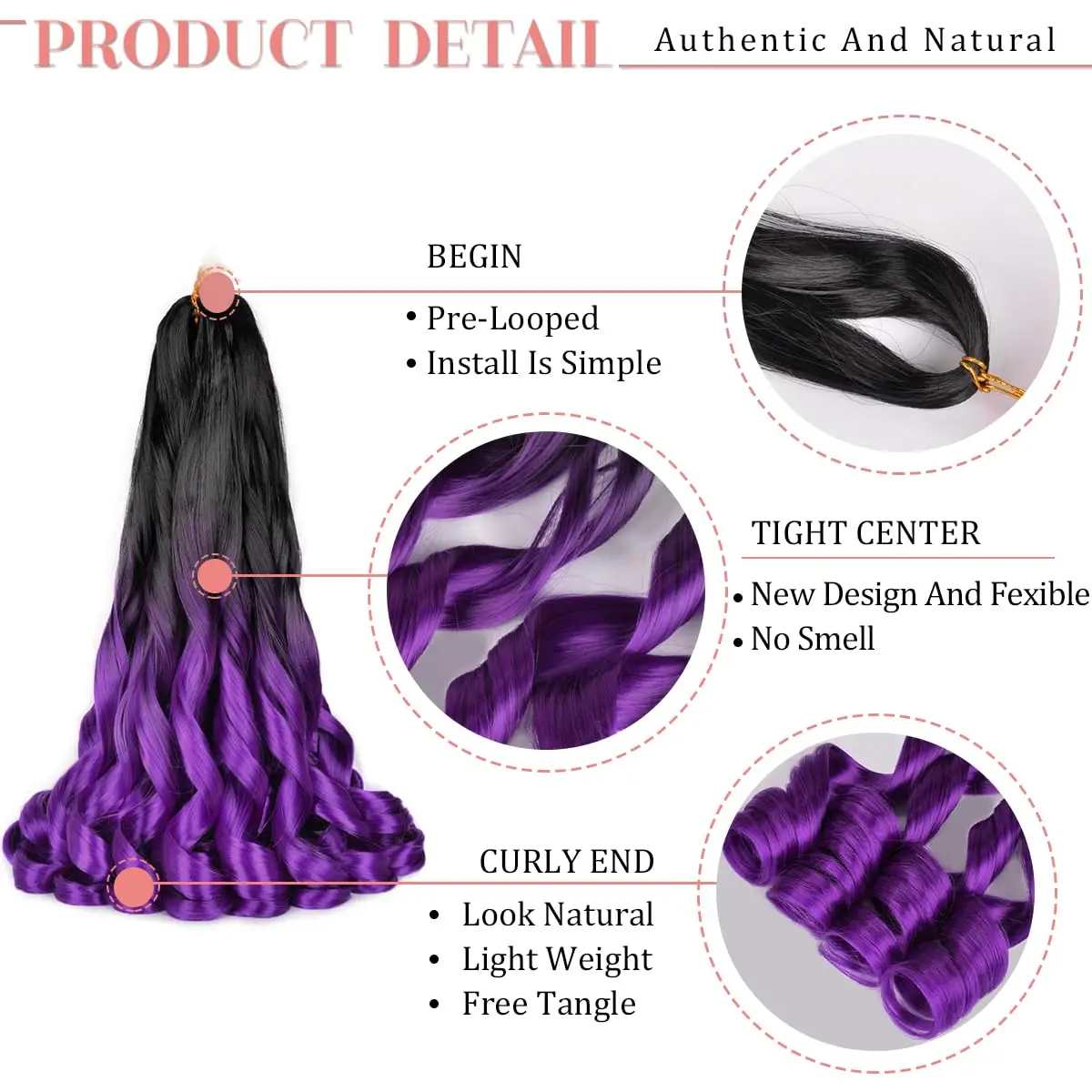 Synthetic French Curl Braiding Hair 24 inch Pre Stretched Bouncy Braiding Hair Purple Braid Crochet Hair Extensions For Women 4