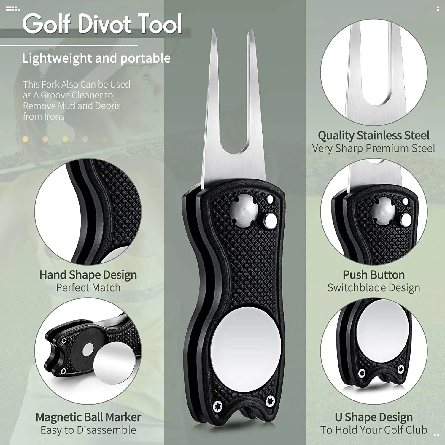 Foldable Golf Divot Repair Tool with Golf Ball Tool Pitch Groove Cleaner Golf Accessories Putting Green Fork Golf Training Aids 5