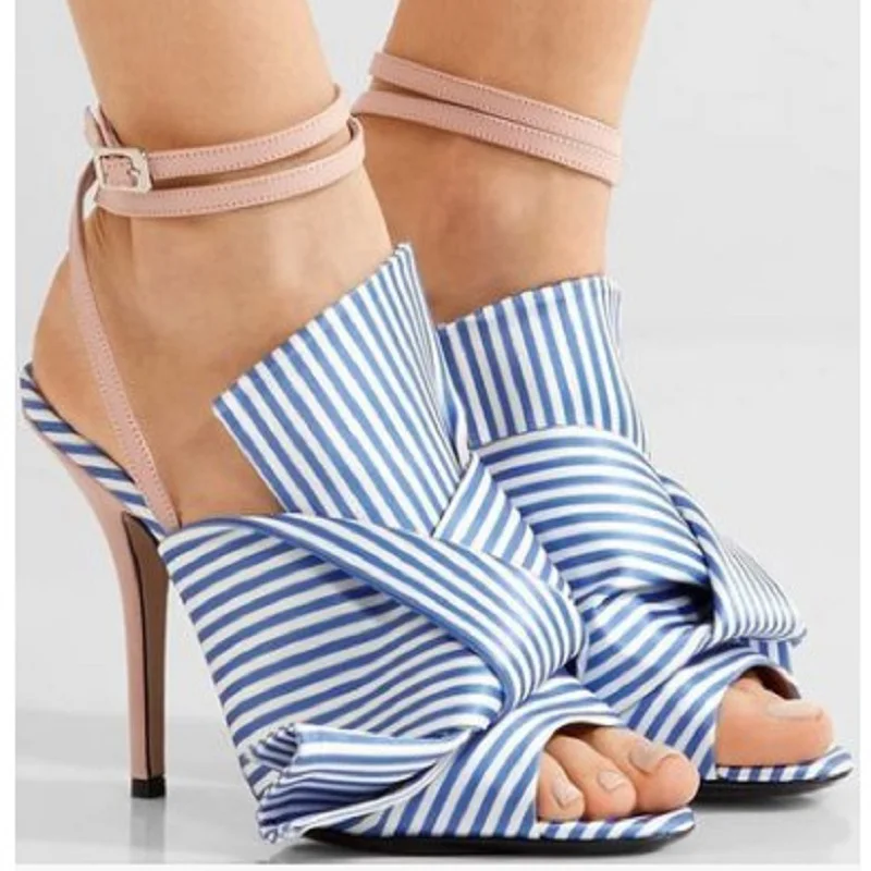 

Summer Striped Colorblock Strap Buckle Open Toe Roman Stiletto High Heel Sandals Party Dress Plus Size All-match Women's Shoes