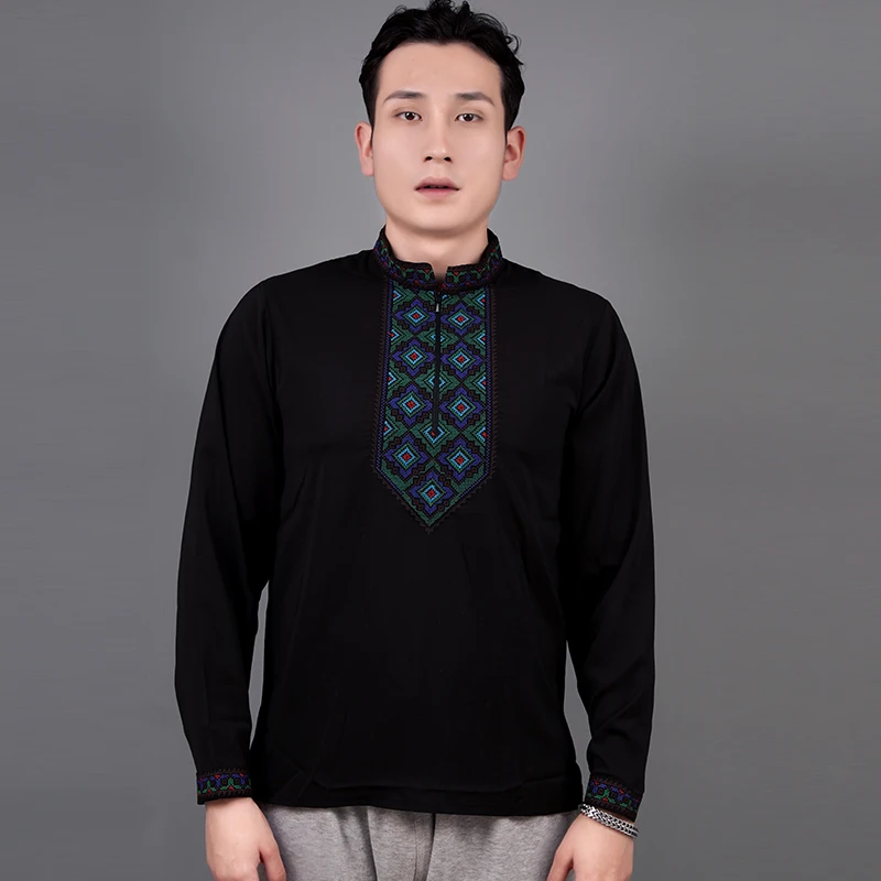 Chinese Xinjiang Uyghur Traditional Long-sleeved Embroidered Top Stand Collar T-shirt for Men Women Tshirt Tees Shirt Blouse