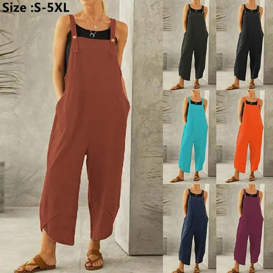 2023 Women's Casual Strap Jumpsuit Solid Oversized Wide Leg Overalls Jumpsuit Female Loose Shoulder Strap Pockets Rompers S-5XL 1432 denim harem wide leg jumpsuits women loose front pockets casual vintage jeans jumpsuit female printed overalls for women