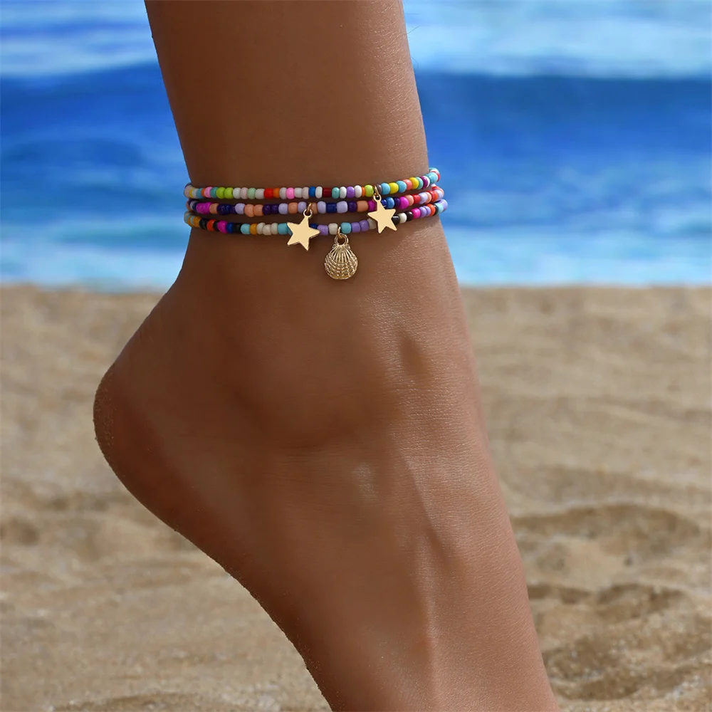 Cute Stars Shell Rainbow Beads Anklets For Women Multilayer Foot Chains Ankle Bracelet Beach Jewelry 3pcs/set Summer Accessories