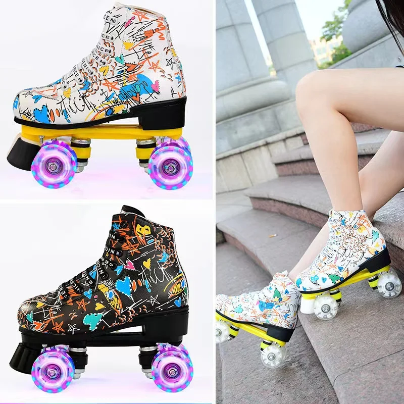 

Graffiti Microfiber Adult Double Row Roller Skates Shoes Patines With 4-wheel New Flash Wheel 2 Line Quad Skating Sneakers