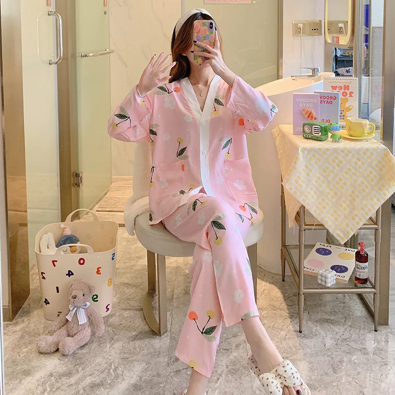 NEW Women's Pajamas Set Luxury Style Painting Print Sleepwear Satin Silky Touch Homewear V Neck Nightie Casual Home Suit