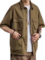 5/4 Sleeve Work Shirt American-Style Elastic Cargo Short-Sleeved Retro Outdoor Multi-Pocket Shirt Four Pocket Shirts Asia Size 2