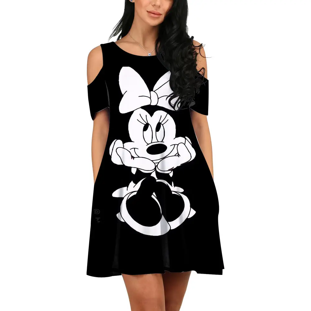 Fashion Nightclub Party Disney Brand Mickey and Minnie Anime 2022 Summer New Elegant Sexy Off-the-shoulder Korean Slim Dress