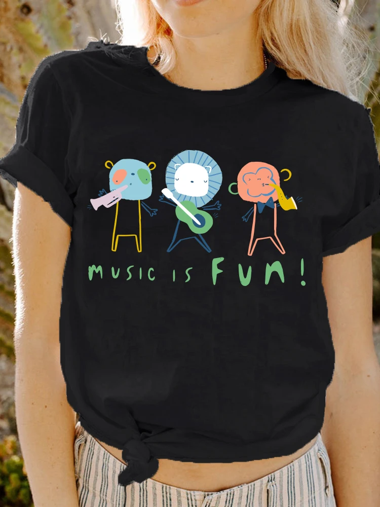 

Music Is Fun! Women's Black Female Graphic Y2K 90S Top Tee Short-Sleeved O-Neck T Shirt Summer Tee Top Femme Tshirt