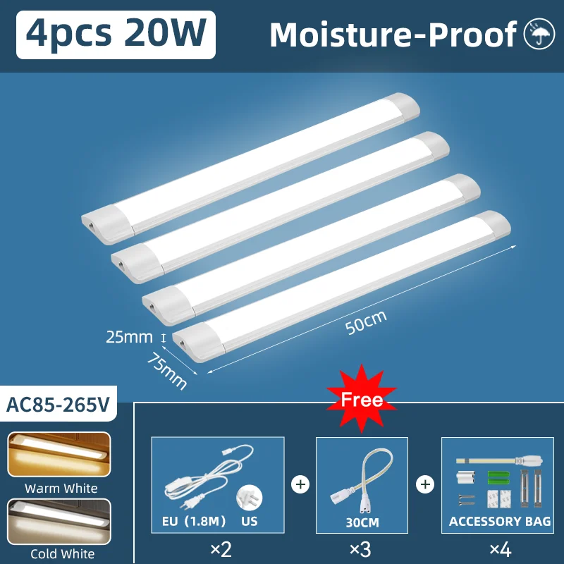 thumbnail image 1 of Tubo de luz LED a prueba de humedad de 50/30 cm, luces de cocina de 20 W, 10 W, 6 W, iluminación de gabinetes, cocina, baño, dormitorio, accesorio de tubo de 220 V, 110 V, 1 of 5