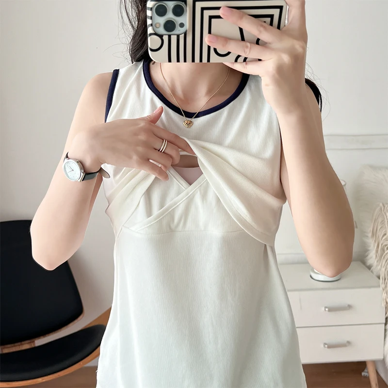 Solid Color All-Season Essential Nursing Tank Top Withe Built-in Brapads 8040B