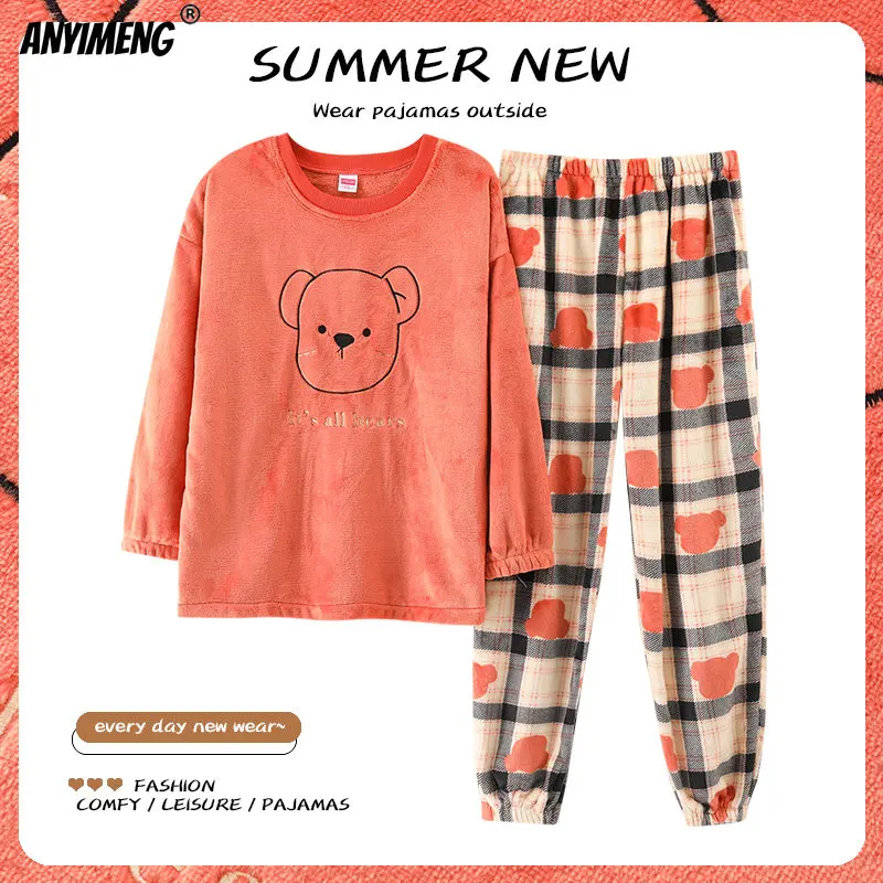 

Plus Size Winter Thick Woman's Pajamas Thick Velvet Cute Bear Kawaii Sleepwear for Girl 3XL 4XL 5XL Big Teddy Pijamas for Lady