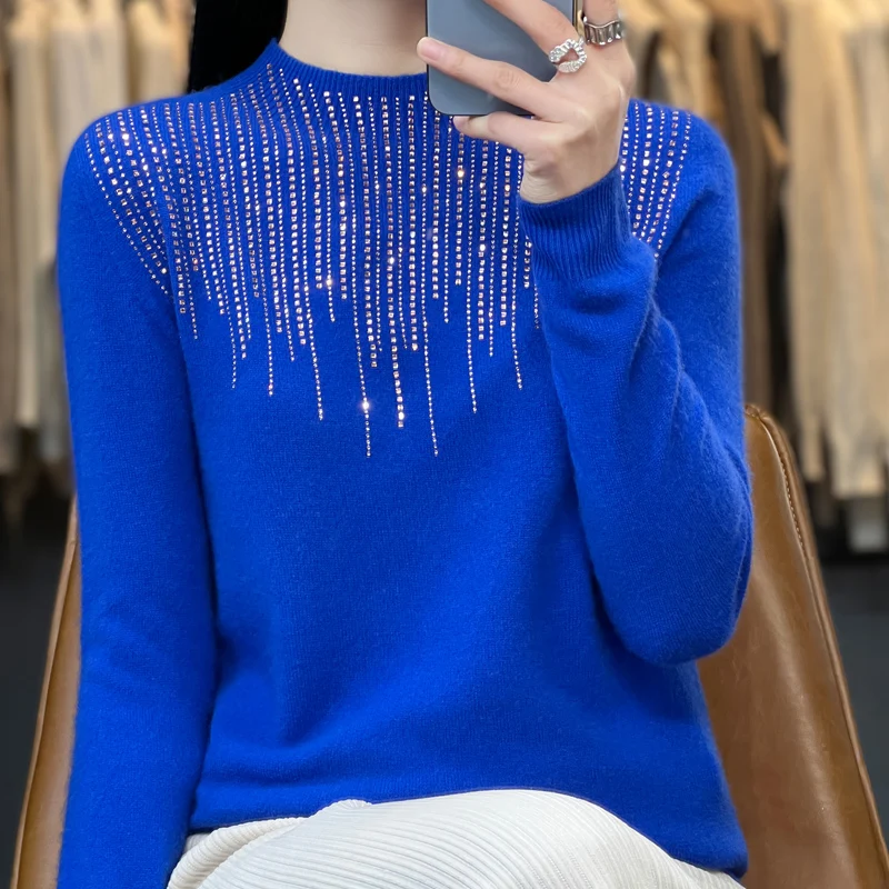

High-grade 100 pure wool sweater women's winter loose foreign style mother cashmere sweater studded knit bottoming shirt