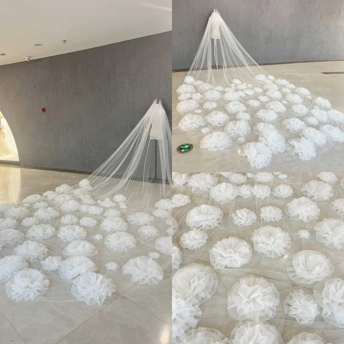 Runway 3D Flowers Wedding Veil  Lace One Layer 4M Length Bride Veils With Comb For Bridal Customized High Quality
