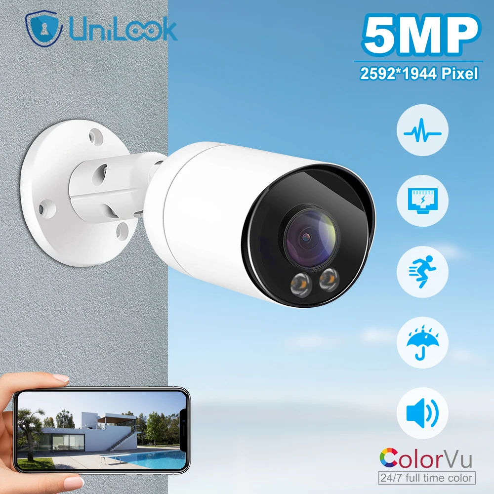 UniLook 5MP Bullet POE IP Camera ColorVu 2.8mm Fixed Lens Audio Motion Detection IP 66 Outdoor CCTV Surveillance H.265 P2P View image_0