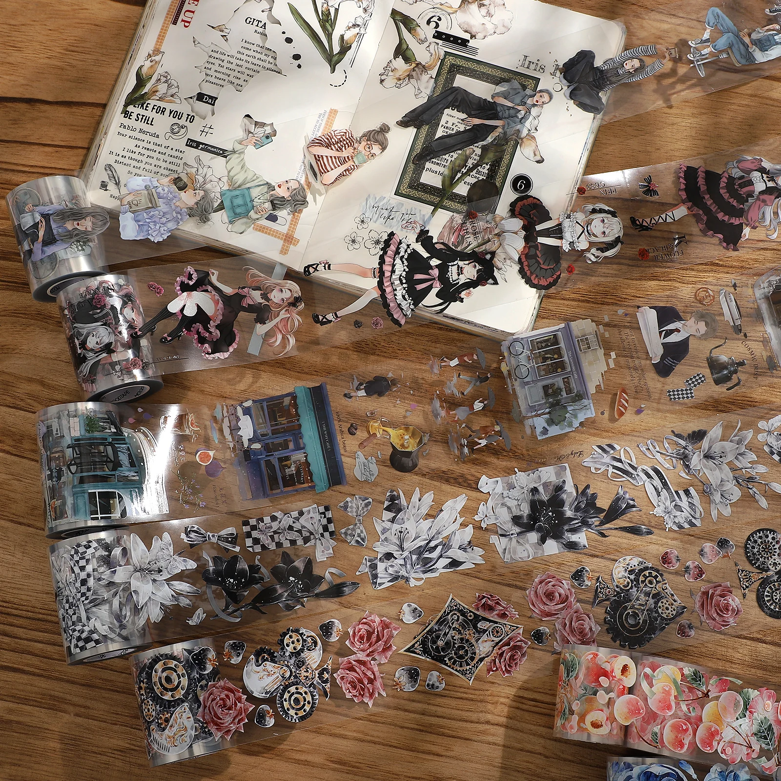 

500cm/1000cm Multiple Specifications Vintage Flower Character Landscape PET Tape Creative DIY Journal Collage Decor Stationery