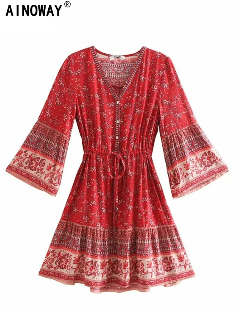 Vintage Women's Floral Print V-Neck Bohemian Mini Dress with Flare Sleeves