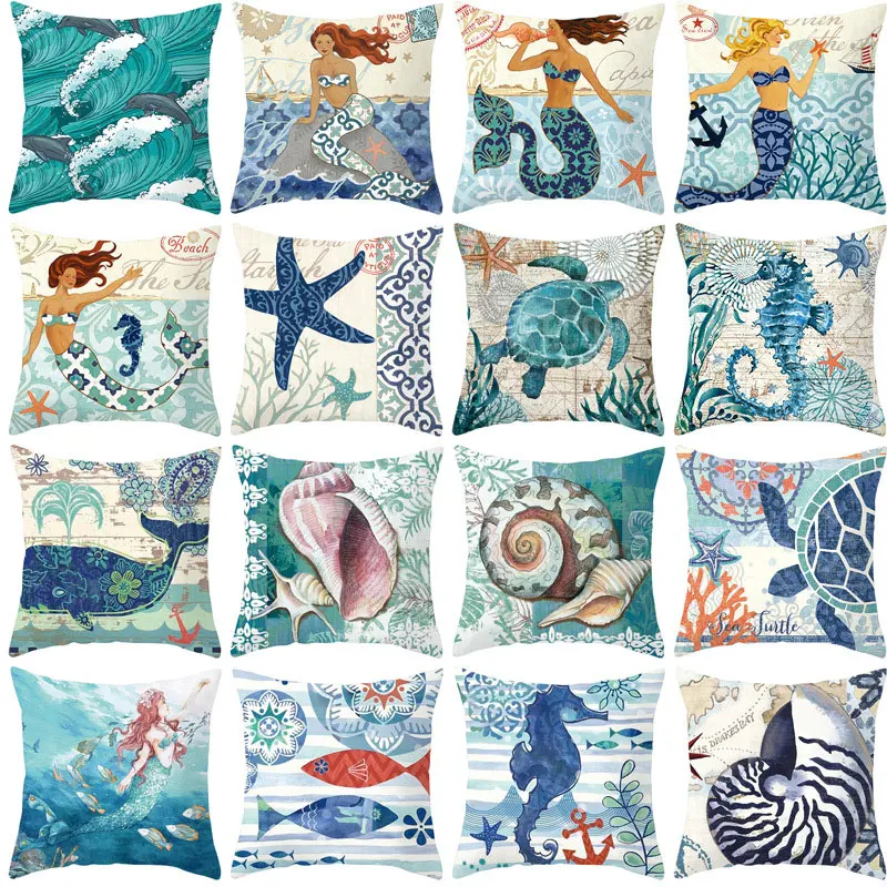 

Marine Animal Cushion Cover Mermaid Sofa Decor Home 40x40cm Turtle Art Pillowcase Underwater World Pillowcase Starfish G746