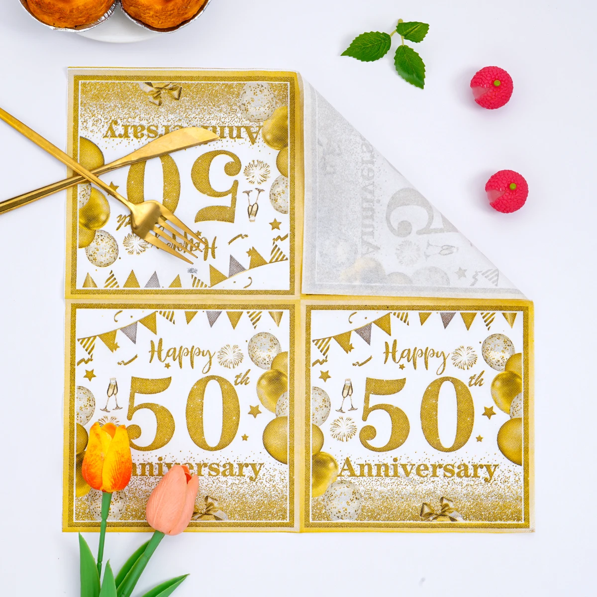Disposable Paper Napkins Gold Anniversary Party Design White Gold 40/50/60/70 Years Disposable Dinner Napkin Confetti Balloon Flag Print Wedding Anniversary Table Supplies 4