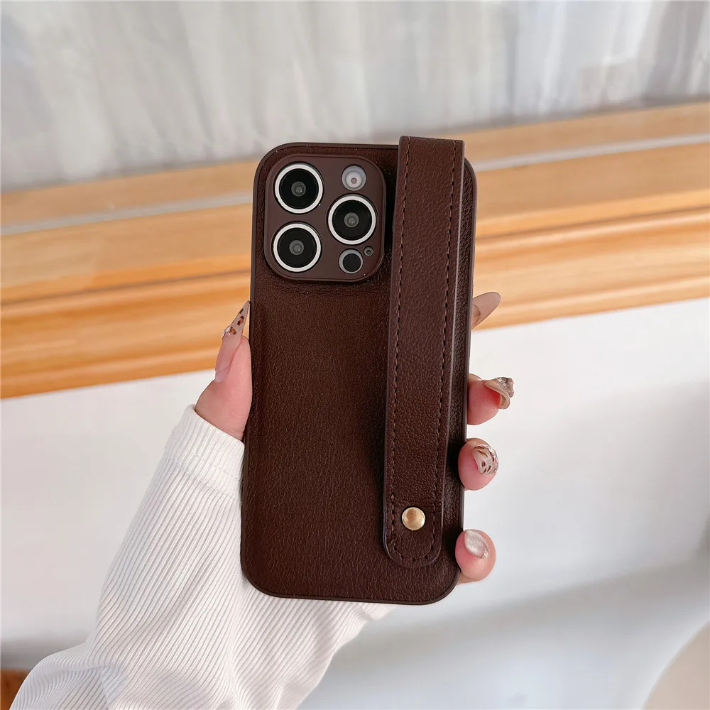 Leather Wrist Strap Bracket Holder Case with Hand Band Stand and Silicone Candy Cover
