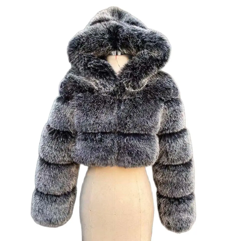 

HJQJLJLS 2022 New Arrival High Quality Women Cute Fur Jacket Female Long Sleeve Fluffy Short Faux Fur Coat with Hood Fuzzy Coat