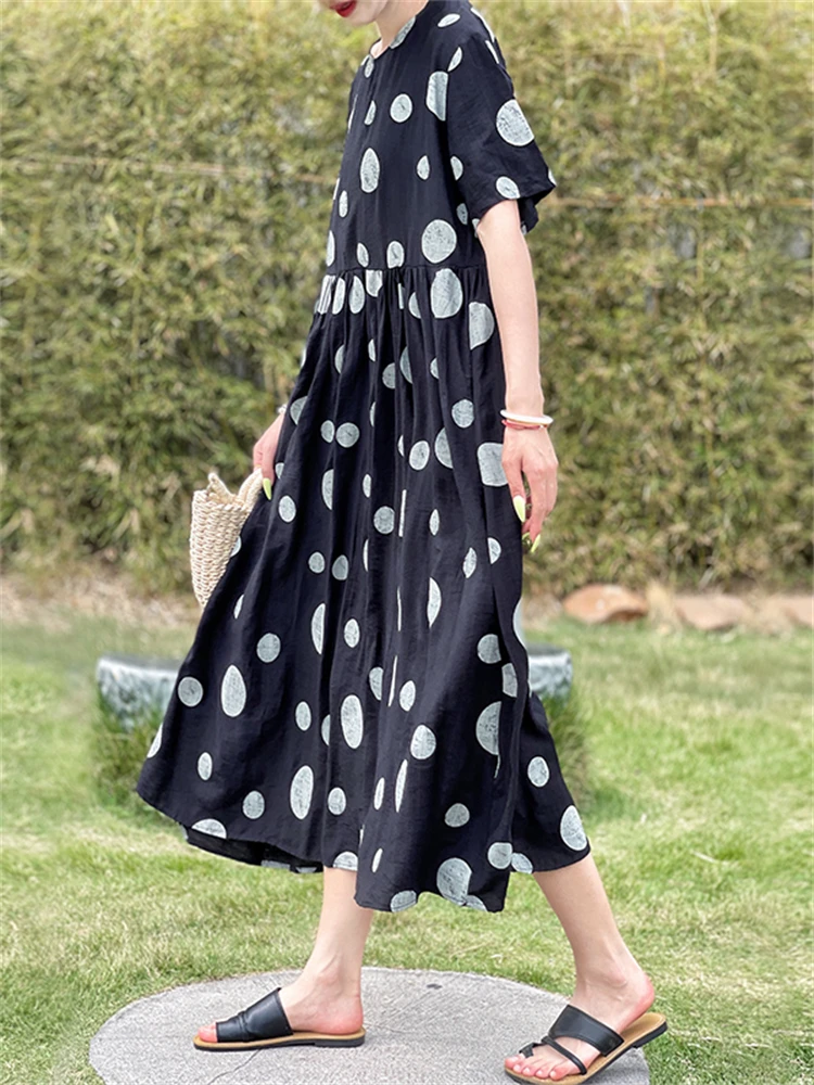 Summer Cotton Vintage Casual Loose Black Dresses For Women Short Sleeve Polka Dot Dress Femme Robe Vestidos Elegant Long Clothes