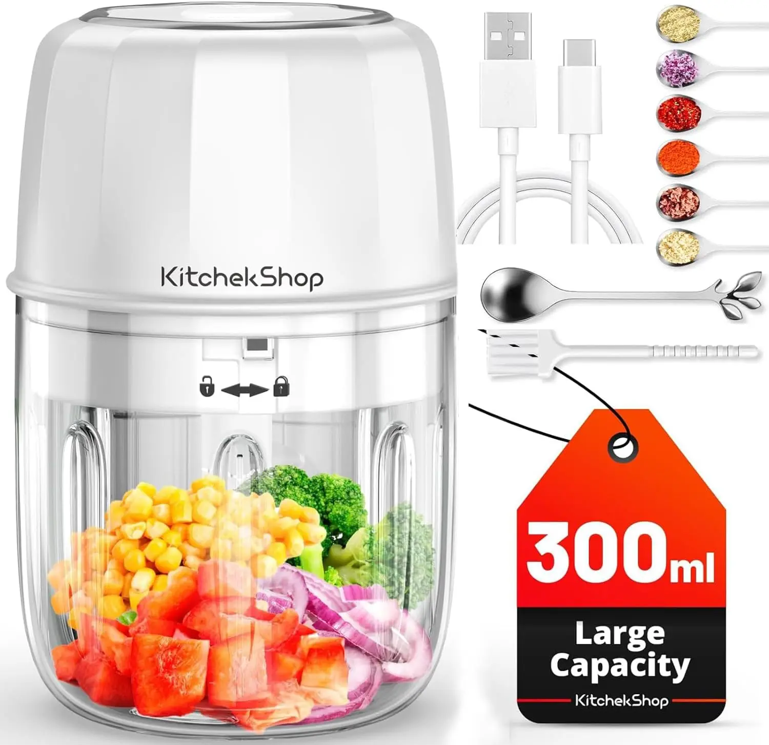 Electric Garlic Chopper, 300ML Portable Cordless Mini Food Processor for Nuts Chili Onion Meat Spices BPA-Free White