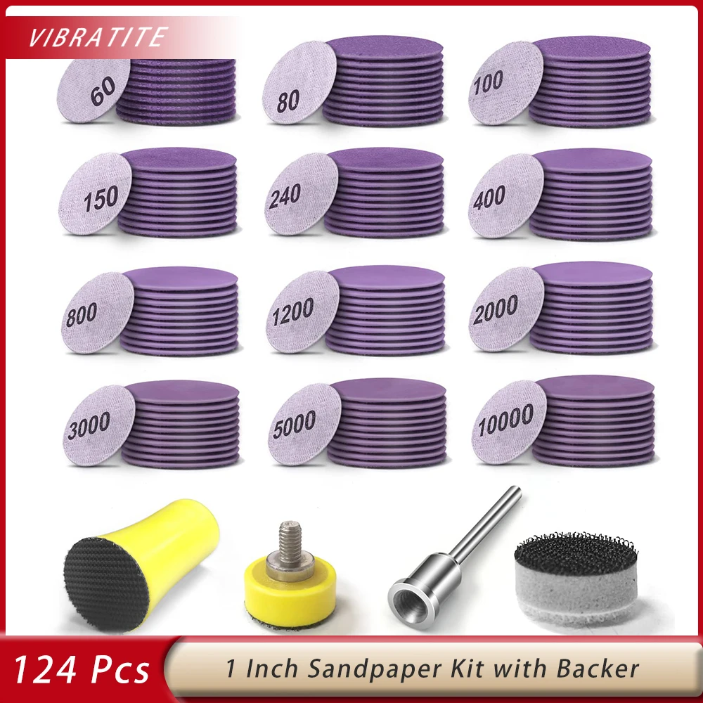 1 Inch 124Pcs Wet Dry Sandpaper Kit Hook&Loop with Polishing Pads and Interface Pad for Grinder Rotary Tools and Wood Grinding