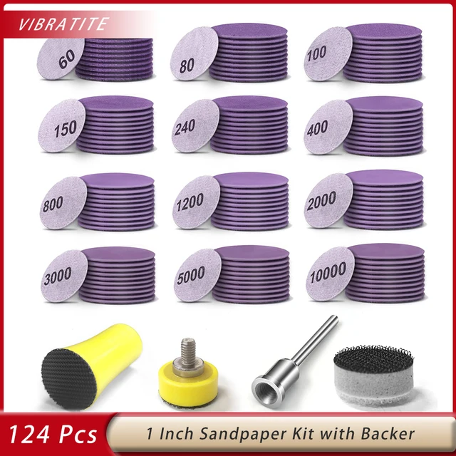 1 Inch 124Pcs Wet Dry Sandpaper Kit Hook&Loop with Polishing Pads and Interface Pad for Grinder Rotary Tools and Wood Grinding 1